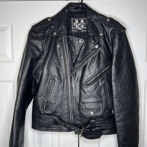Leather Motorcycle Jacket Lined UNIK Inter. Size 40 Men’s Black 25 Inch To Hem